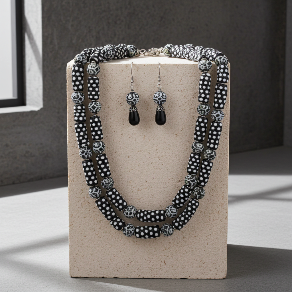 Black & White Handmade Bead Necklace & Earrings  Set