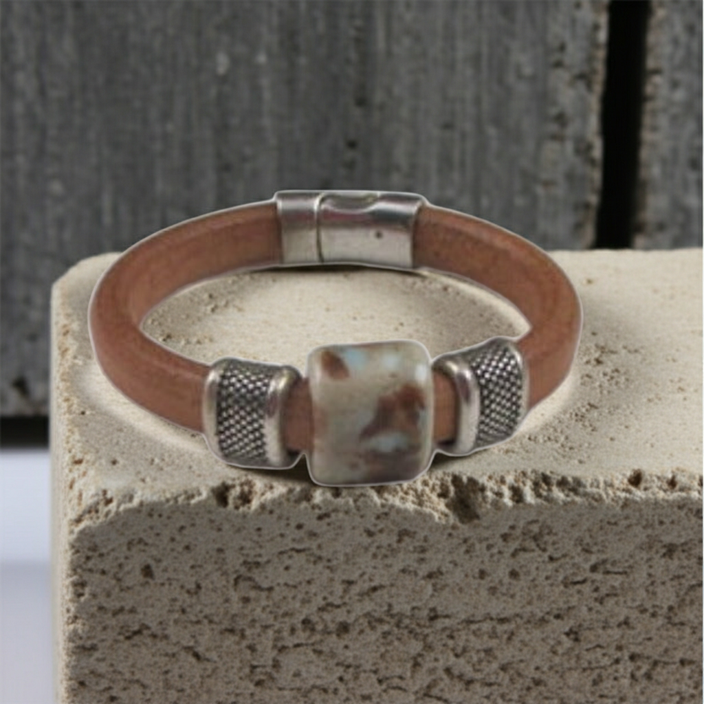 Natural Leather Bracelet with Handmade Ceramic Focus
