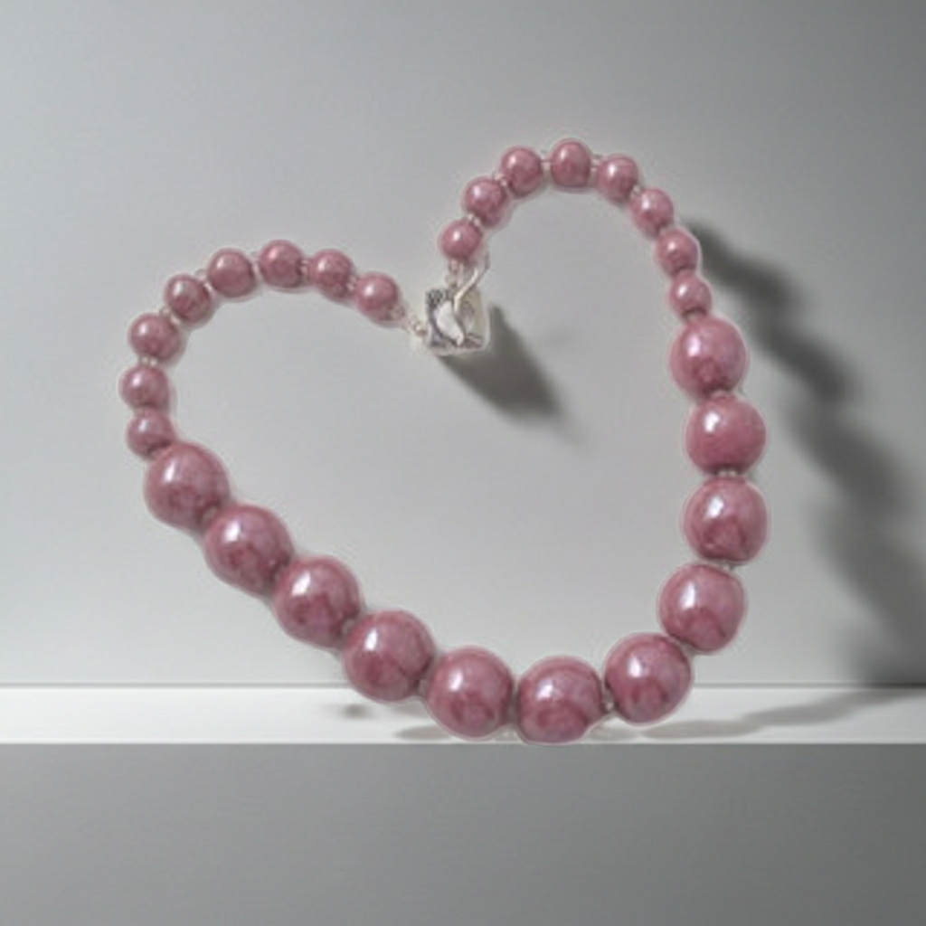 A heart-shaped beaded necklace made of glossy, rounded dusty pink beads with a small silver heart charm, displayed on a light gray surface.