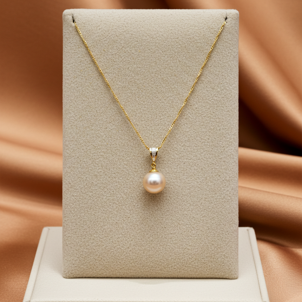 Pearl Pendant Necklace Round AA+ Pearl 14K Gold Chain
