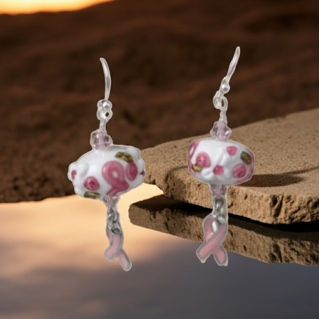 Pink Awareness Ribbon & Silver Earrings