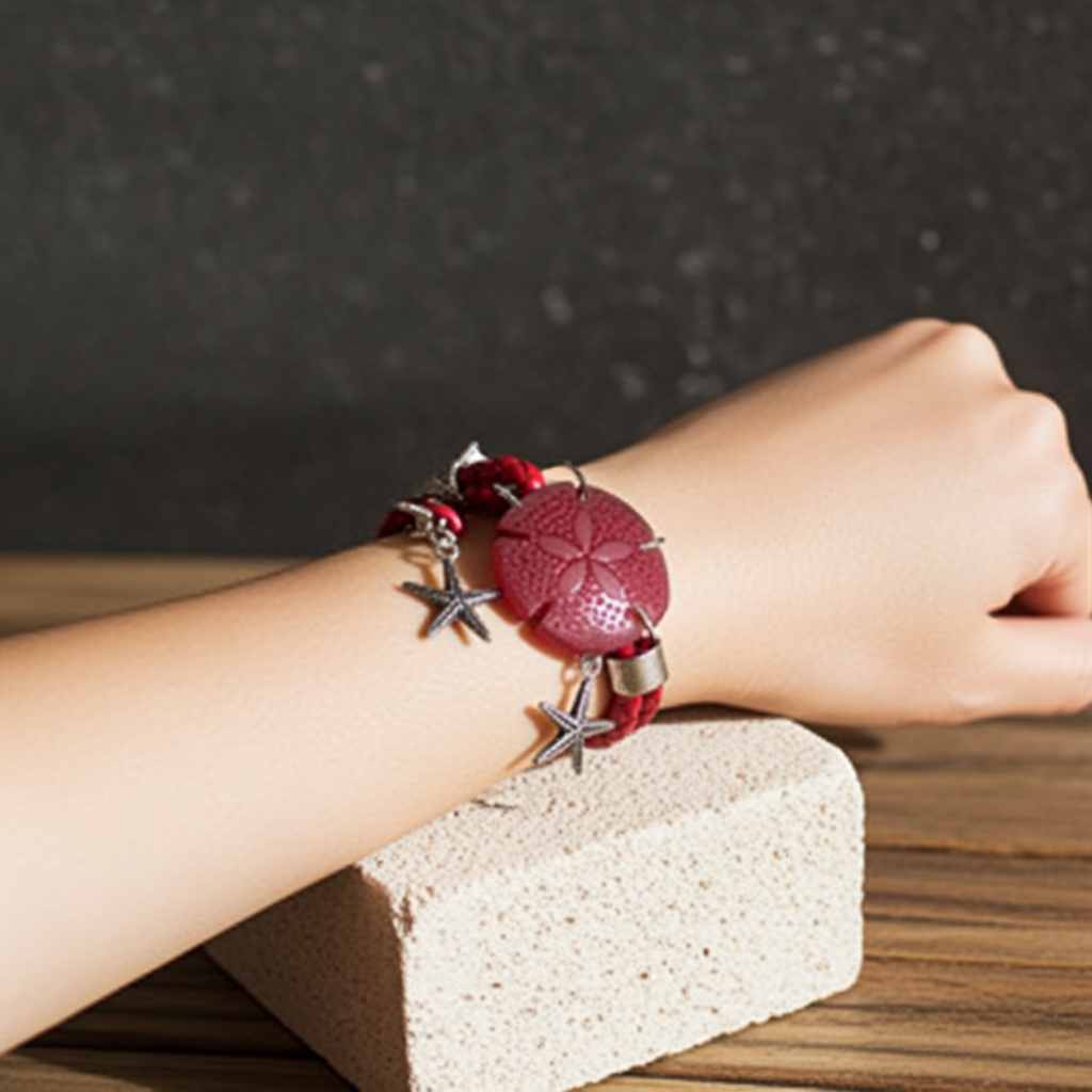 Sea Glass Sand Dollar Red Leather Bracelet