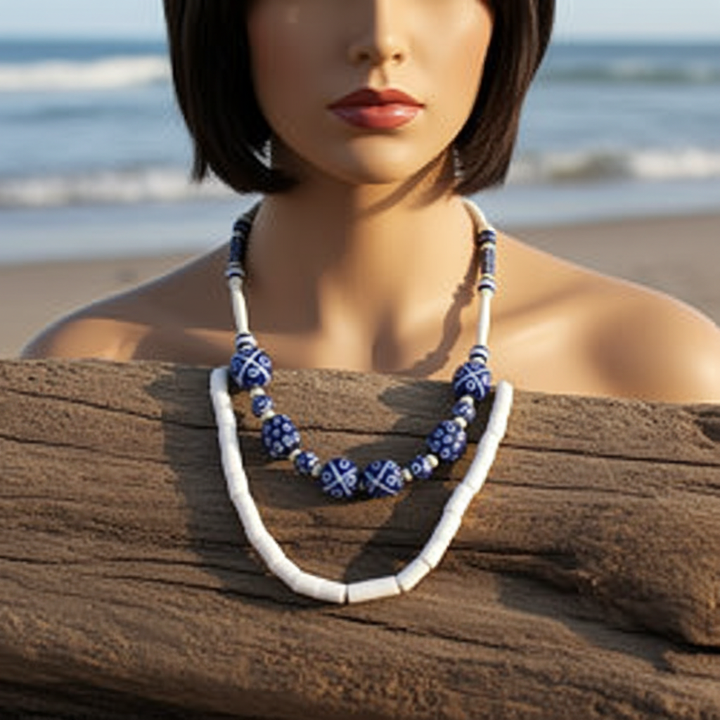 Necklace with blue and white beads on a mannequin against a beach background