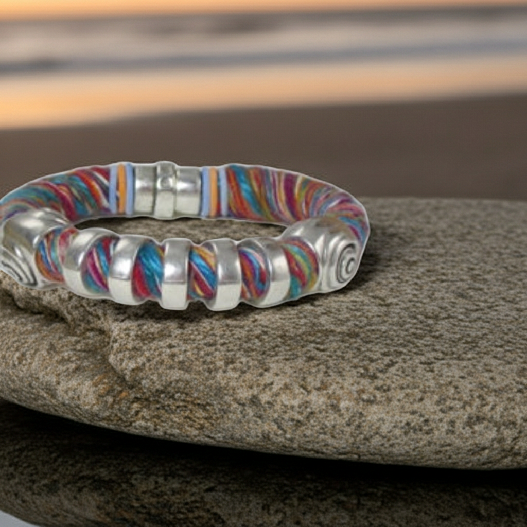 Cotton Cord Bracelet Multi-colored with Silver Accents