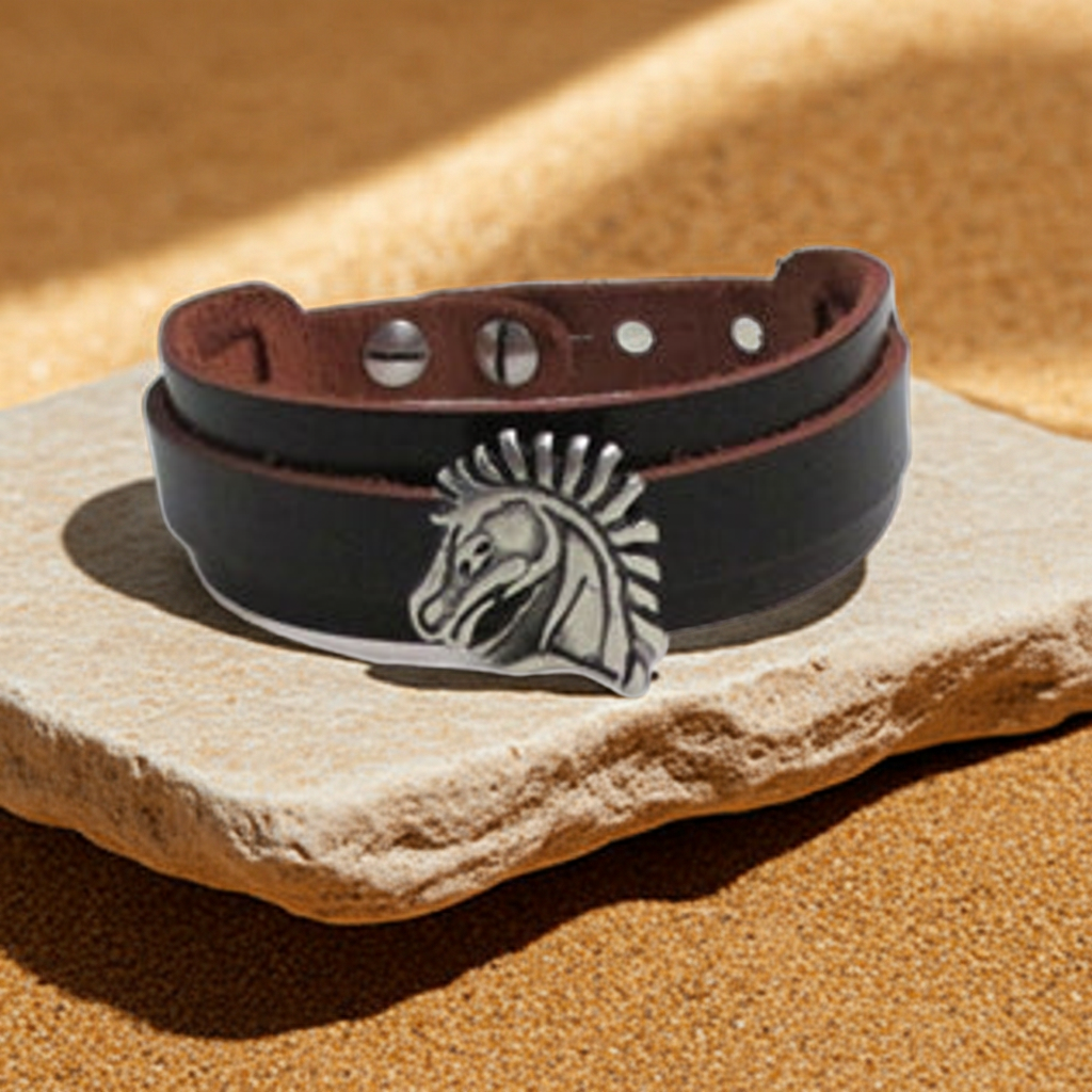 Maroon Leather Cuff Bracelet Hose Head Accent Unisex