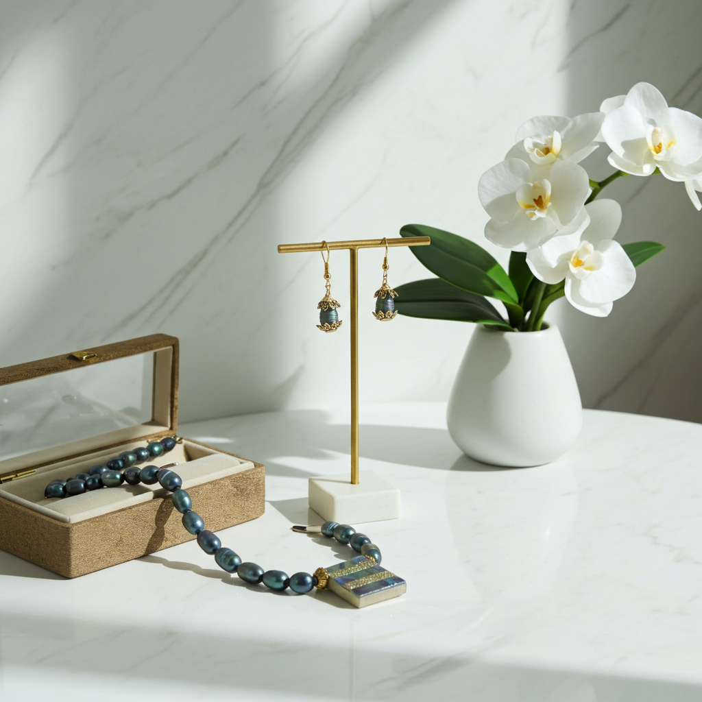 Dark Blue Pearl Necklace & Earrings