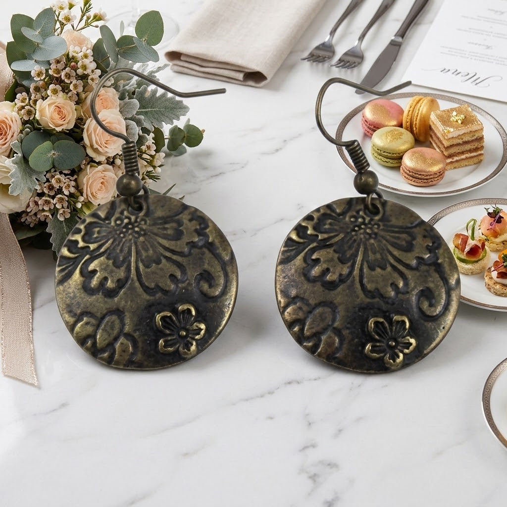 Antique Brass Embossed Floral Disk Earrings