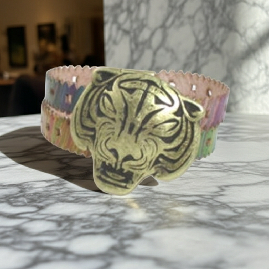 Multi-colored Leather Cuff Bracelet with Tiger for a Man