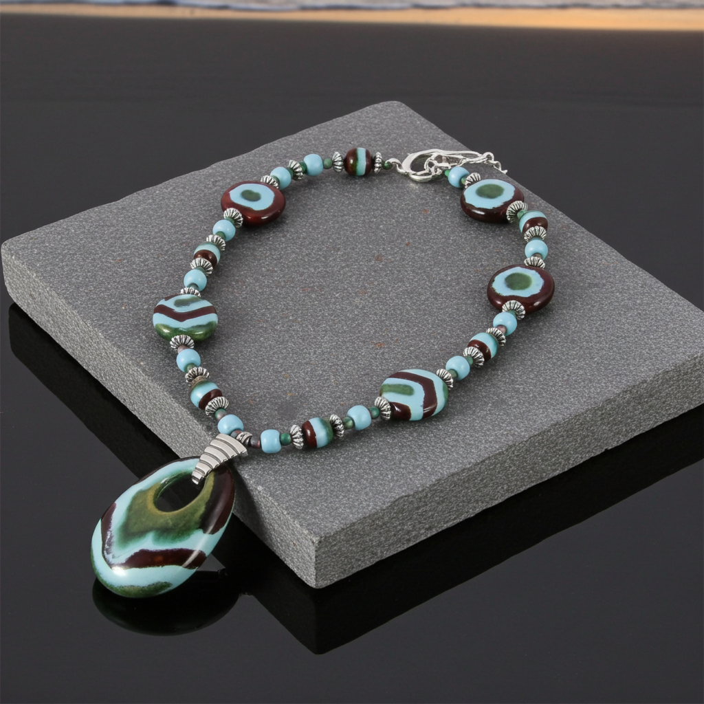 Big Kazuri Pendant Necklace Aqua & Brown Fair Trade Beads