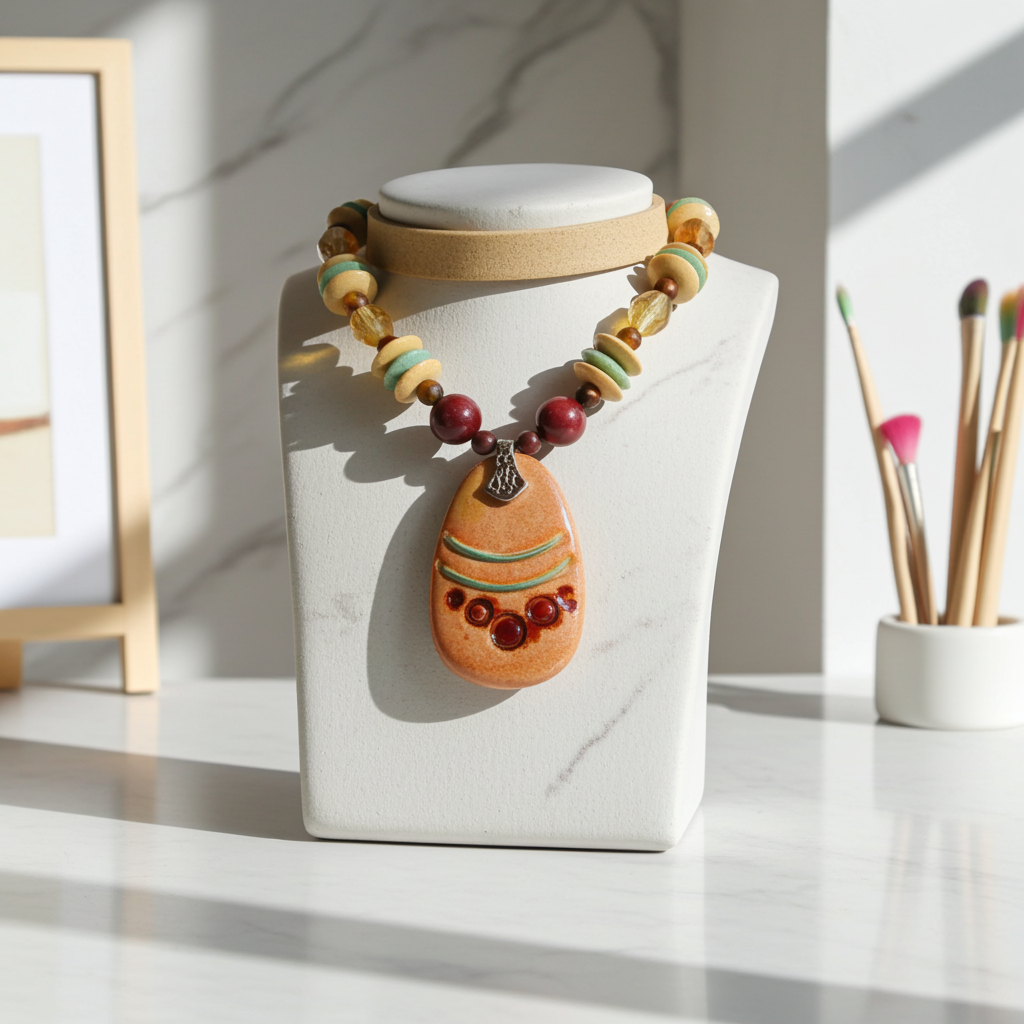 Handmade Mustard & Brown Beaded Pendant Necklace