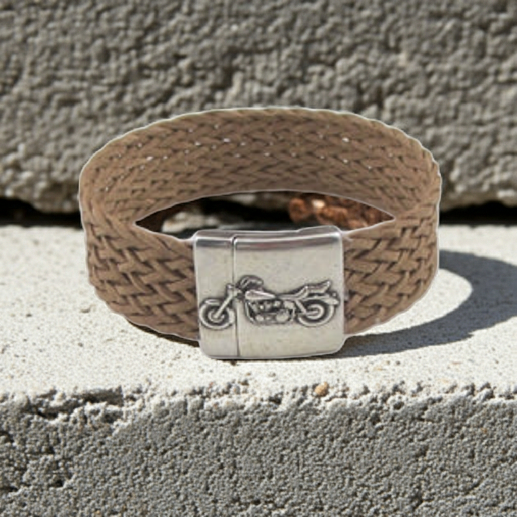 Handcrafted Men's Tan Braided Leather Bracelet Motor Cycle Motif