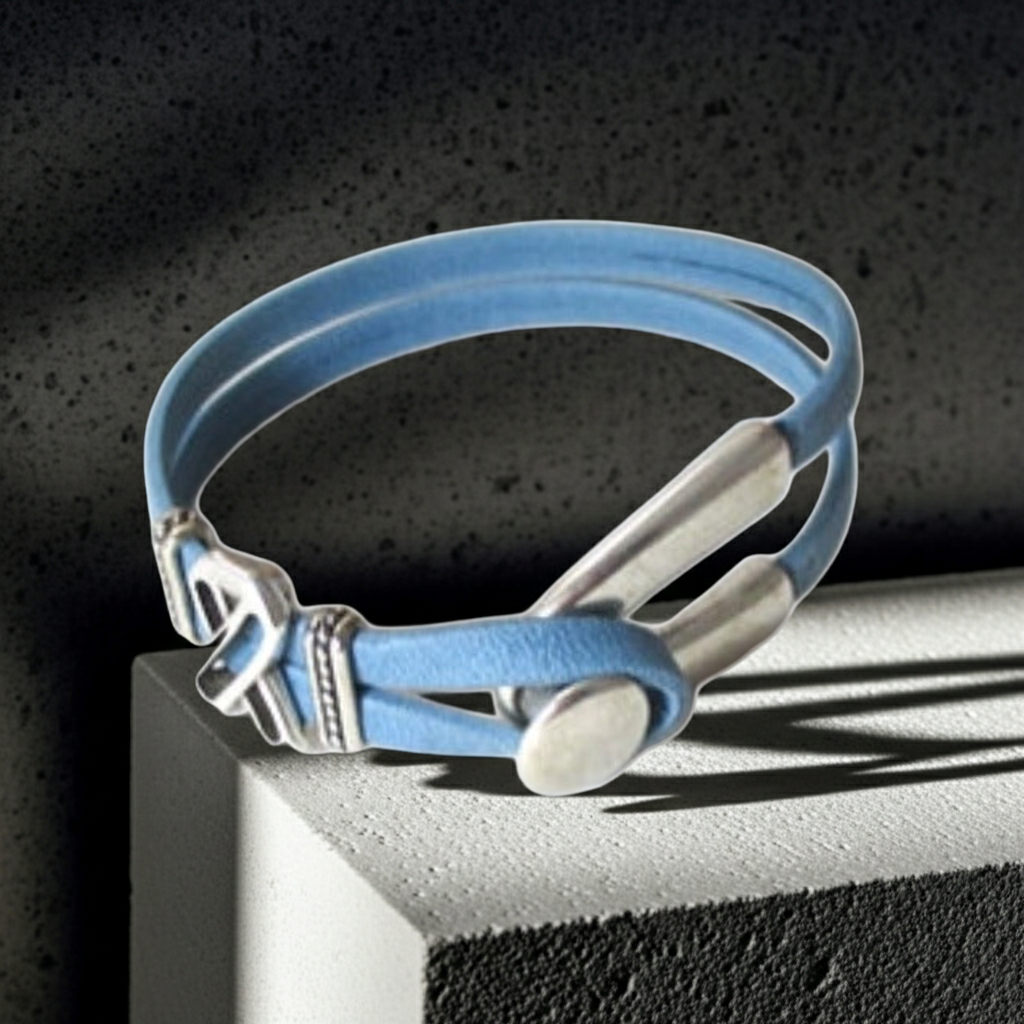 Lght Blue Awareness Leather Cord Bracelet Wishbone Design