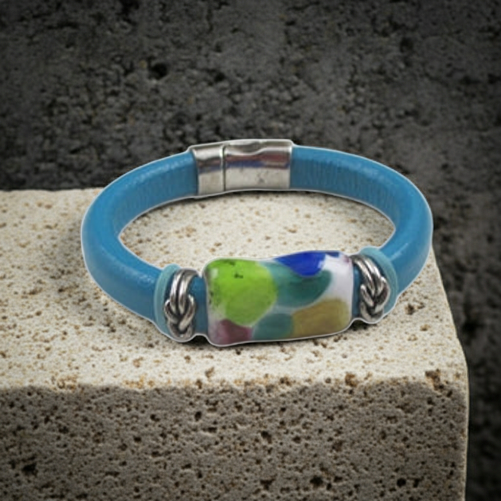 Turquoise Leather Bracelet with a Multi-colored Handmade Accent