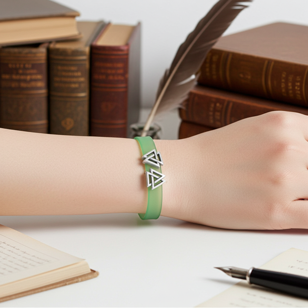 A person's wrist wearing a green silicone bracelet with silver geometric triangle charms, set against a background of vintage books, a feather quill, and a pen on a white desk.