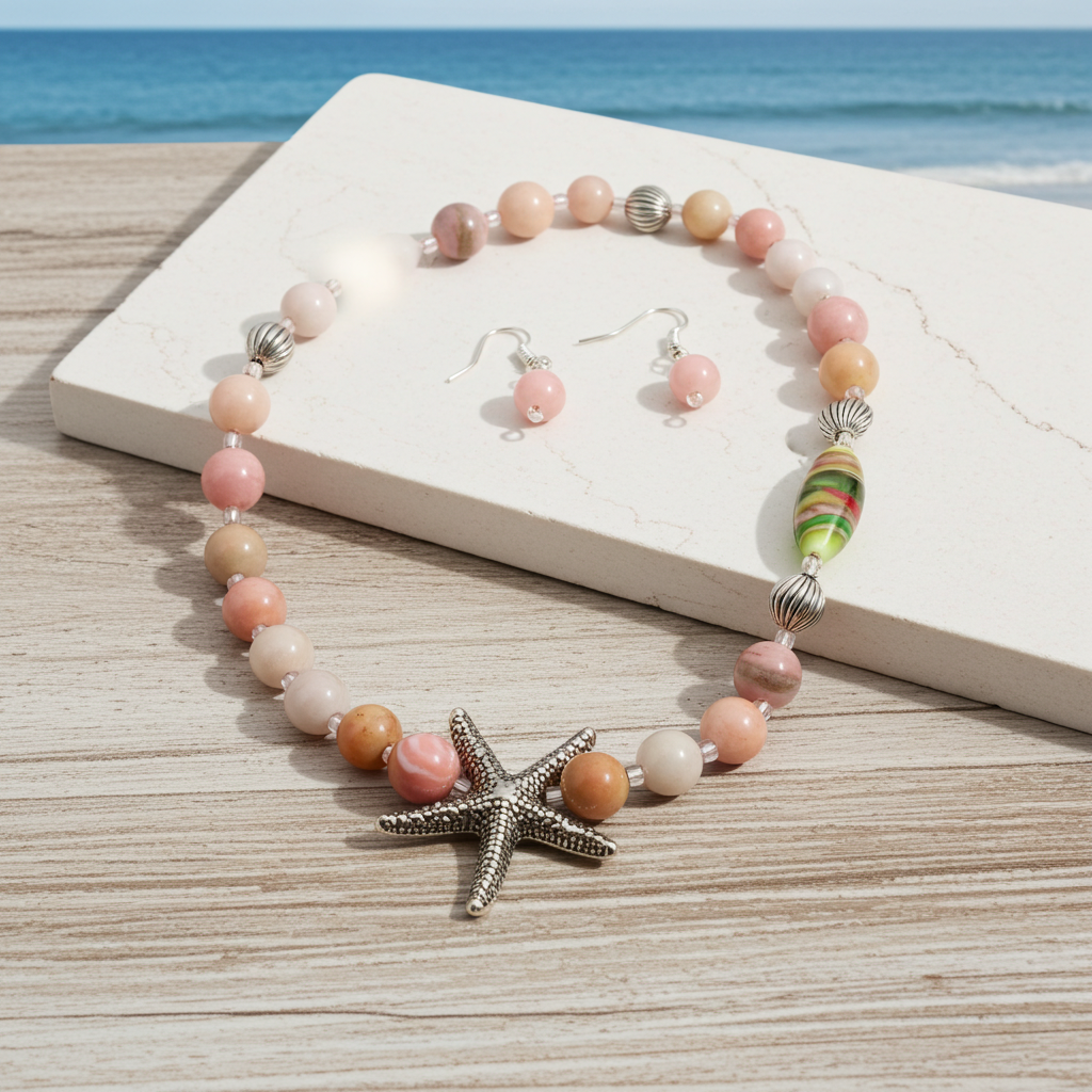 Handmade Necklace in Whimsical Pink Opal and Silver & Earrings