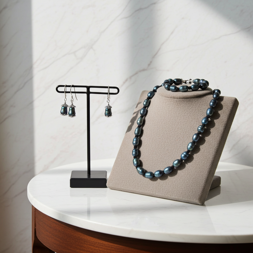 Dark Blue Pearl Necklace, Bracelet & Earrings