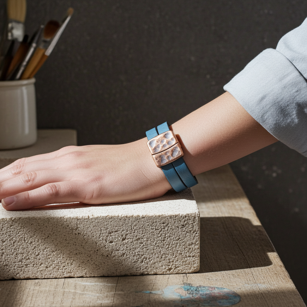 Teal Blue Double Strand Flat Leather Bracelet