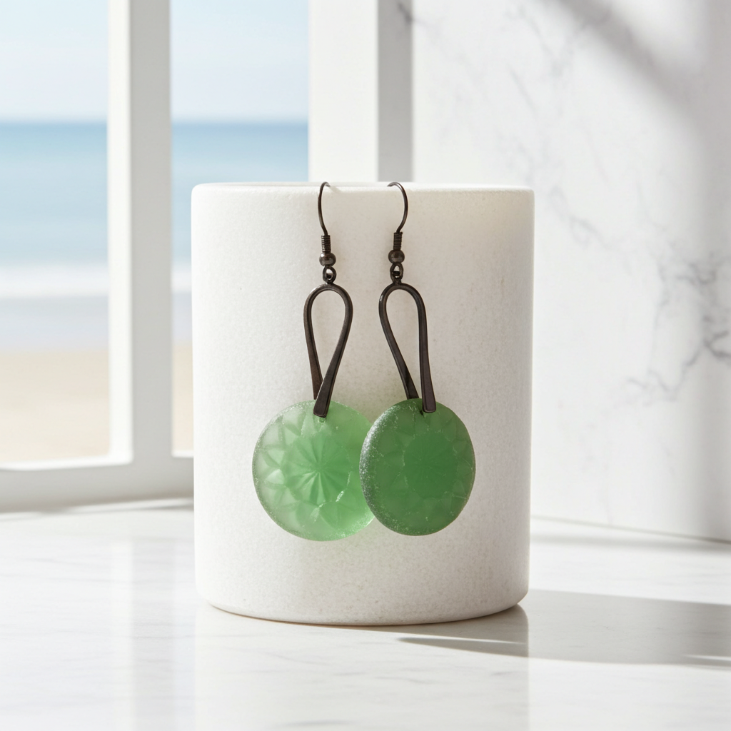 Seafoam Green Sea Glass Drop Earrings Gunmetal