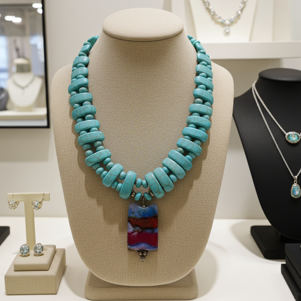Turquoise Necklace with Handmade Dichroic Pendant.