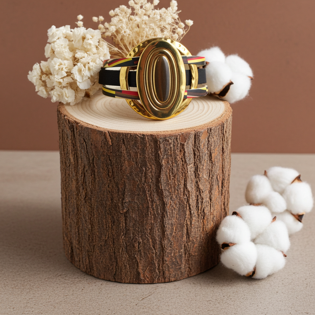 Handcrafted Black Leather Cuff Bracelet Gold Rings Accents