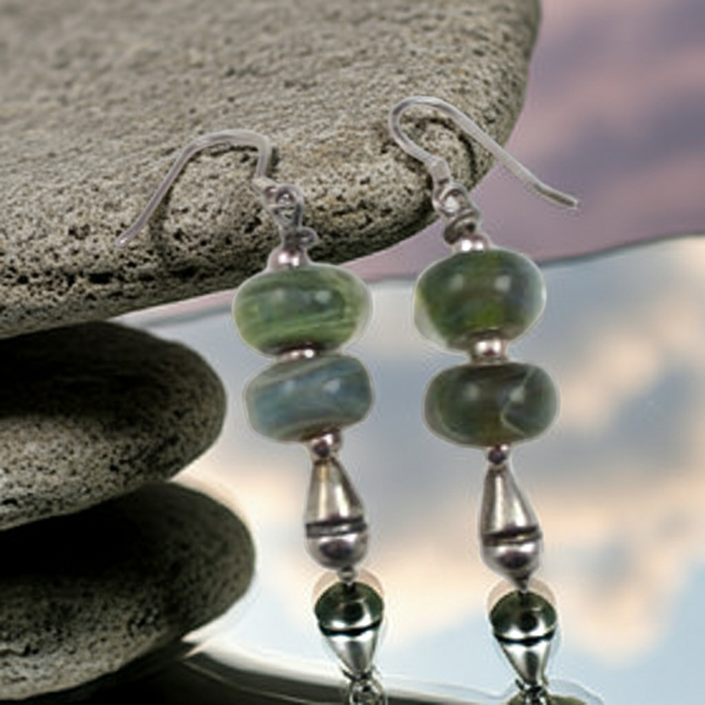 Smokey Green Artisan Bead & Silver Earrings
