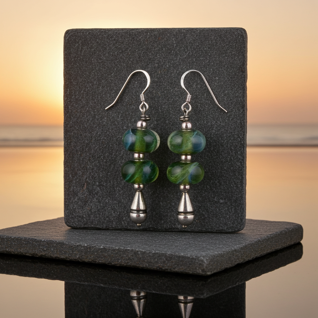 Smokey Green Artisan Bead & Silver Earrings