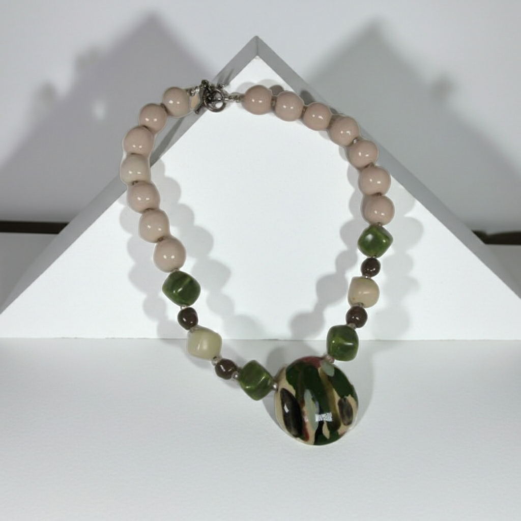 Cream, Light Brown & Green Pendant Necklace Kazuri Fair Trade Bead