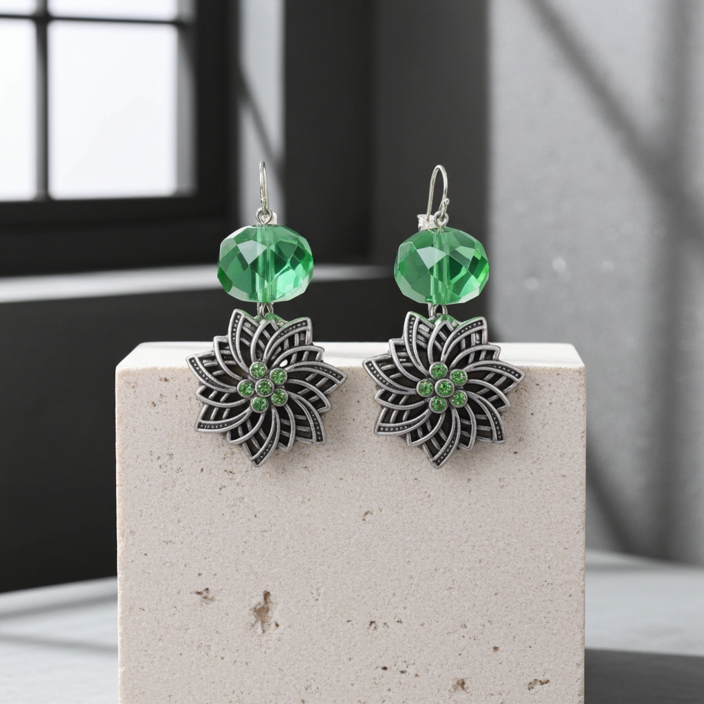 Green Crystal & Silver Drop Earrings