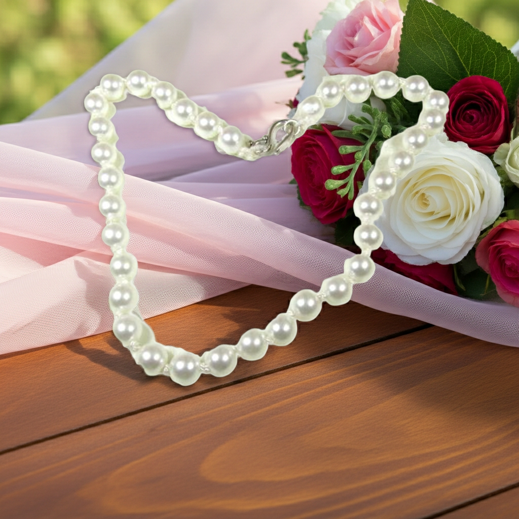 Pearl necklace on a wooden surface with pink and red roses.