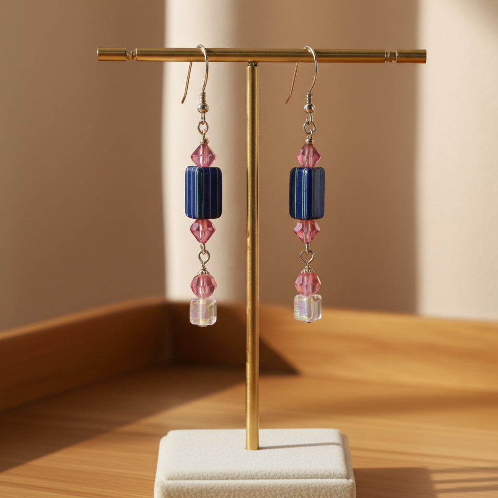 Blue & Pink Handmade Artisan Bead Earrings