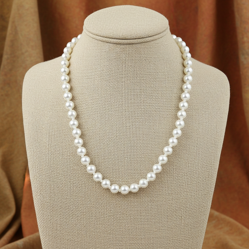Pearl necklace on a beige mannequin bust with a brown fabric background