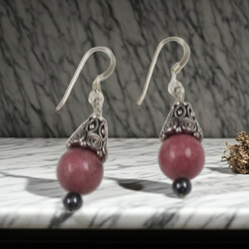 Rhodonite Gemstone and Silver Earrings