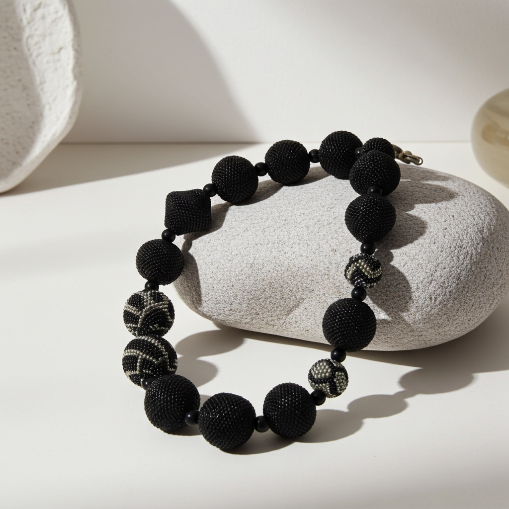 Exquisite Black Beaded Necklace Handmade
