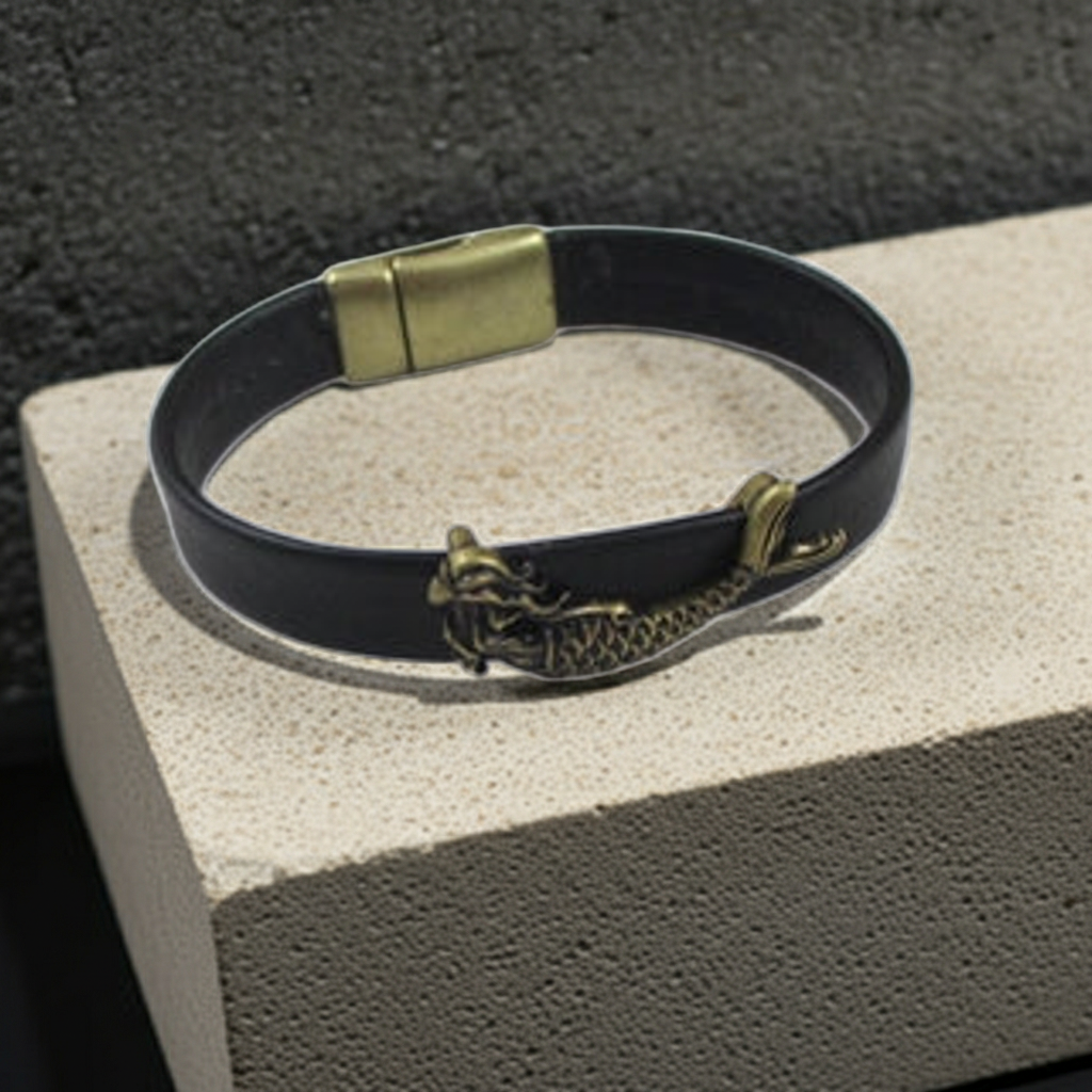 A black leather bracelet with an antique bronze dragon charm and matching clasp, displayed on a textured light gray stone block against a dark gray background.