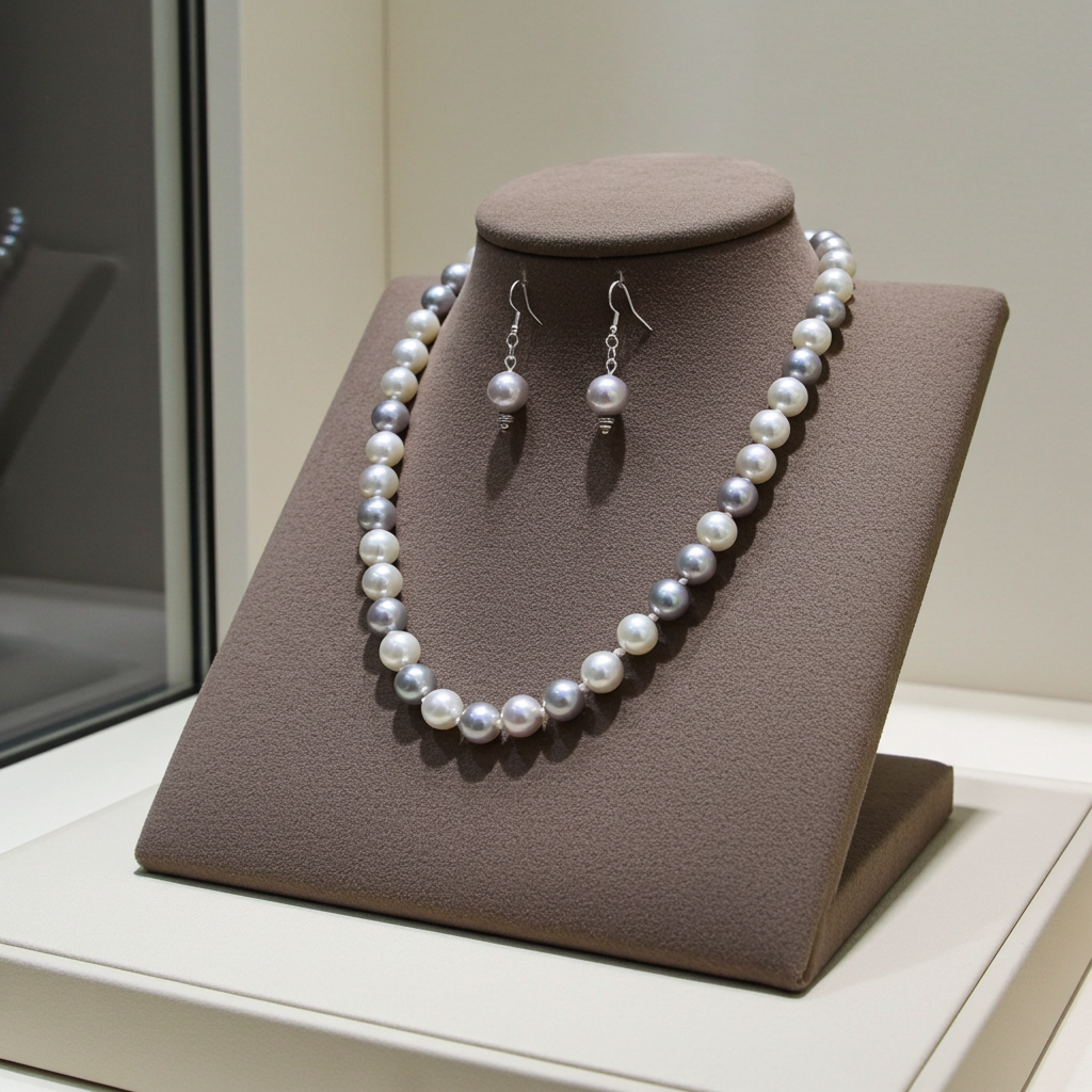 White & Gray Shell Pearl Necklace & Earrings
