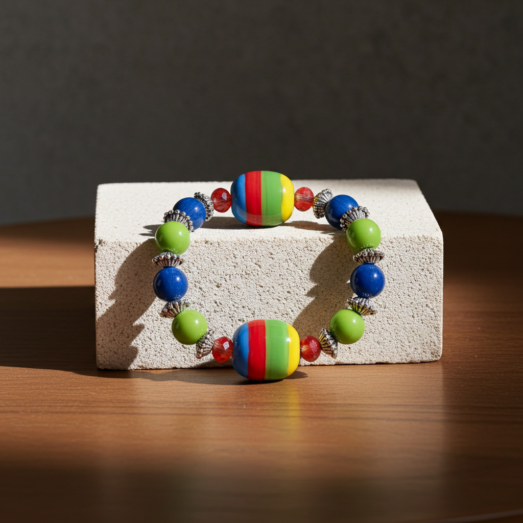 A colorful beaded bracelet displayed on a textured white block over a wooden surface. The bracelet features large striped beads in red, yellow, green, and blue, accented with blue and green beads, small red beads, and silver spacer rings.
