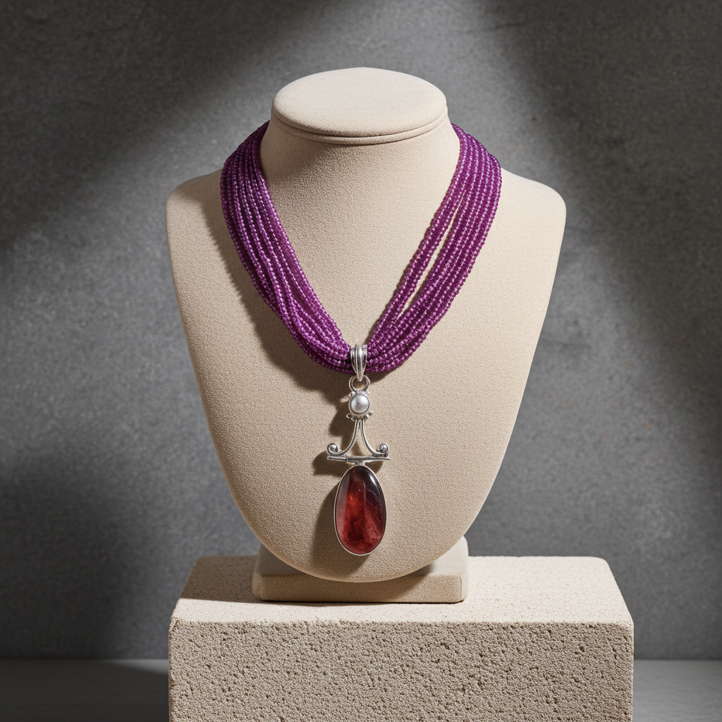 Mookaite Pendant on Fuchsia Multi-strand Necklace