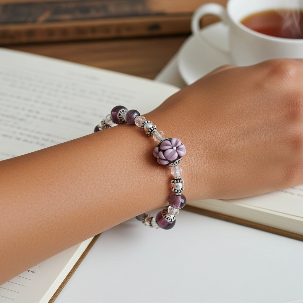 Amethyst  Handmade Bracelet in a Flower Motif Artisan Beads