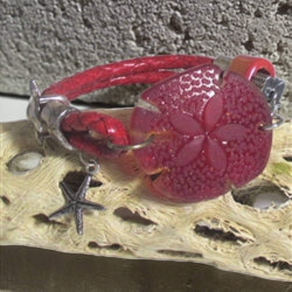 Sea Glass Sand Dollar Red Leather Bracelet