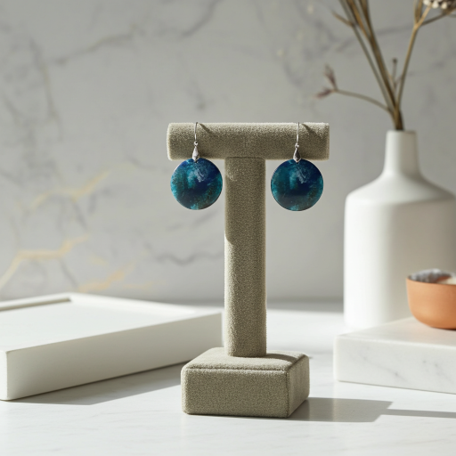 Blue earrings on a beige earring stand with a neutral background