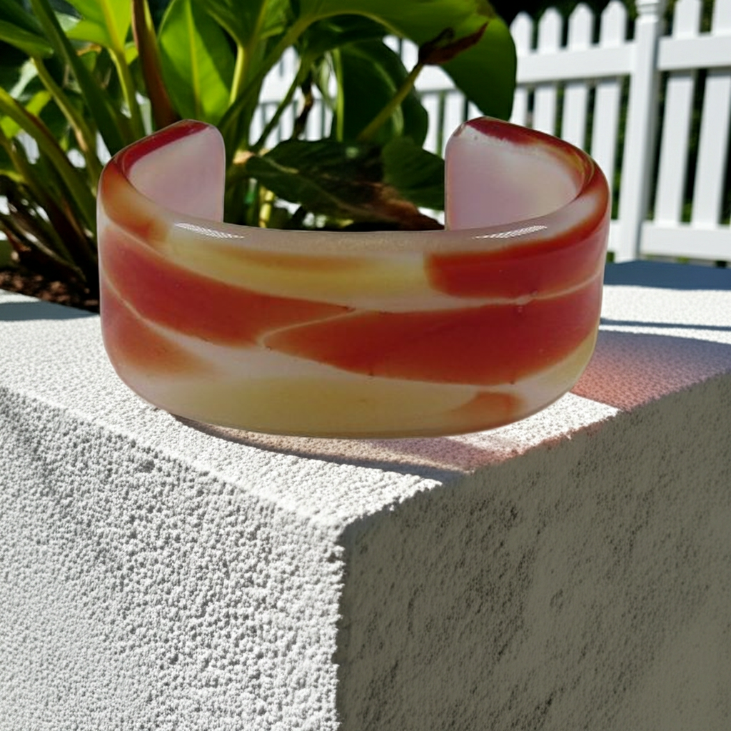 Tan and White Fused Glass Cuff Bracelet