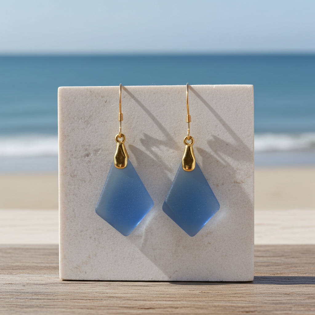 Blue Sky Sea Glass Triangle Drop Earrings