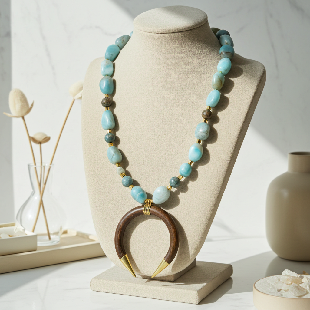 Bold Statement Amzonite Nuggets & Bone Crescent Pendant Necklace