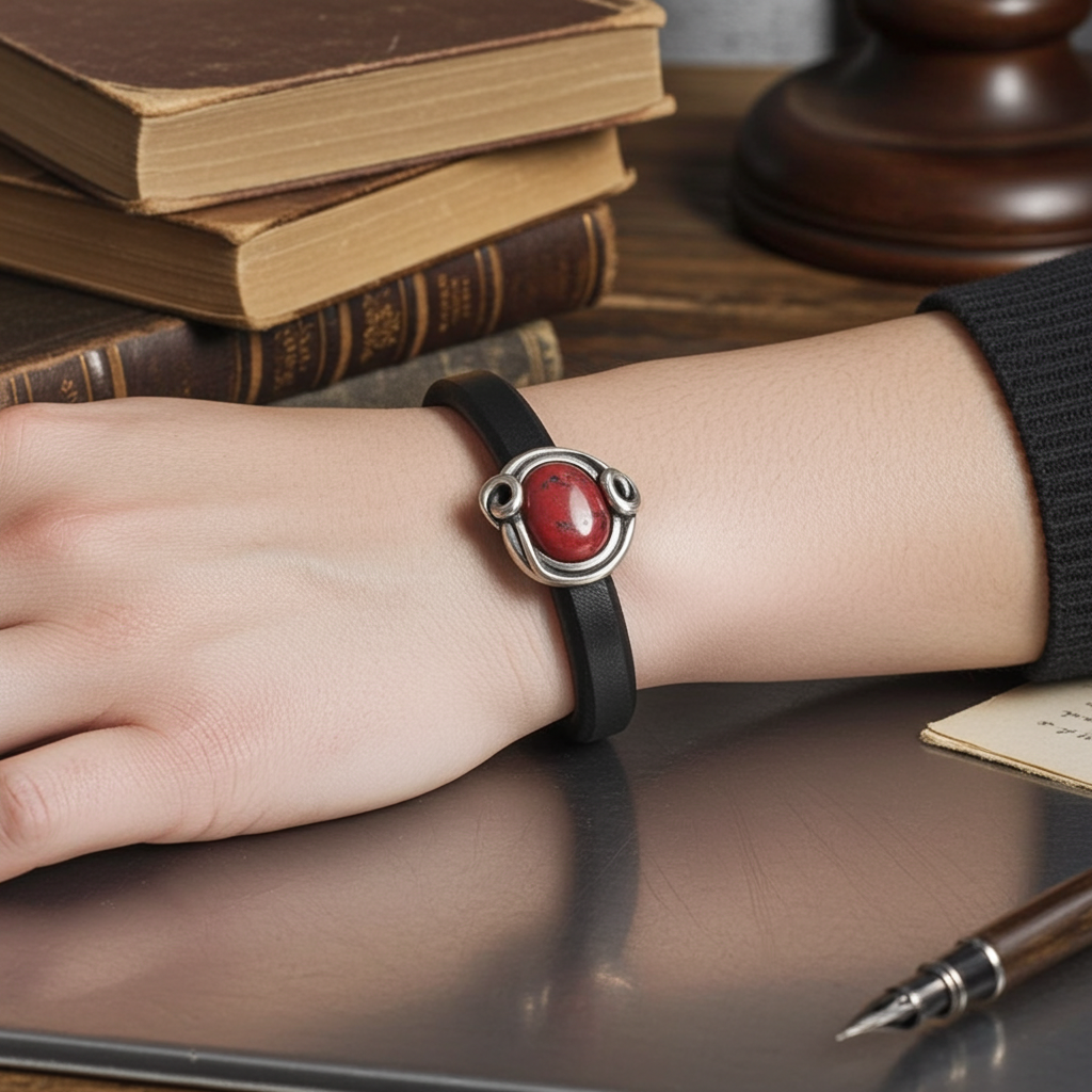 Women's Black Leather Bracelet with Red Leaf Motif Focus
