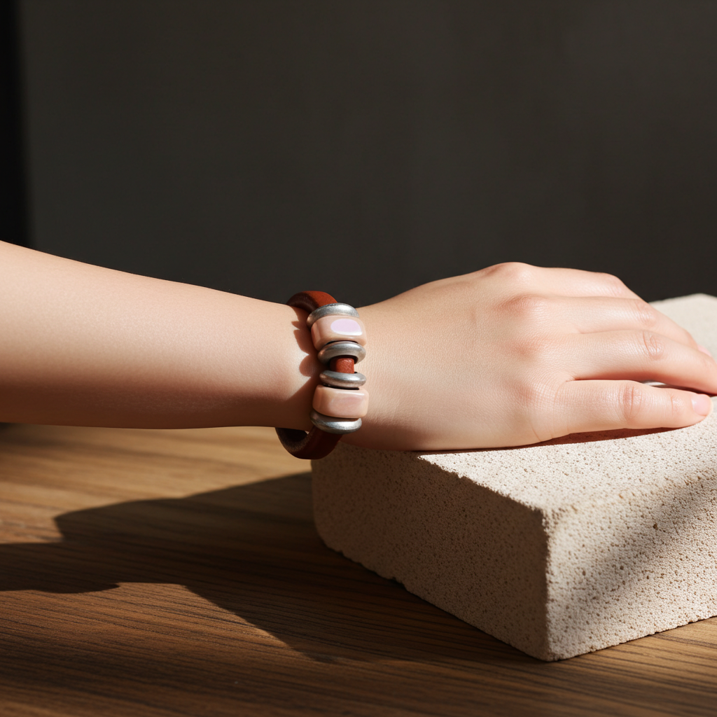 Orange Leather Bracelet with Silver and Ceramic Accents