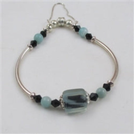 Aqua and Black Lampwork Cube Bangle Bracelet - VP's Jewelry 