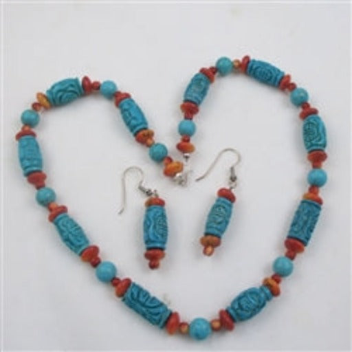 Turquoise & Red Bead Necklace & Earrings Jewelry Set - VP's Jewelry 