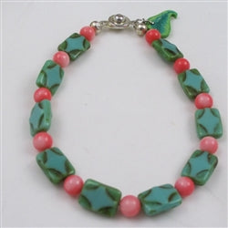 Coral and green picasso  bead bracelet gemstone