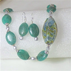 Amazonite Bead Necklace and Earrings with Handmade Artisan Bead Accent - VP's Jewelry  