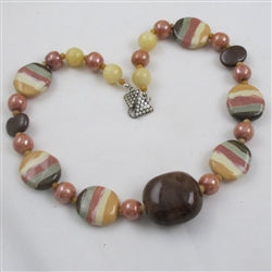 Cream Melon and Brown African Kazuri Necklace - VP's Jewelry 
